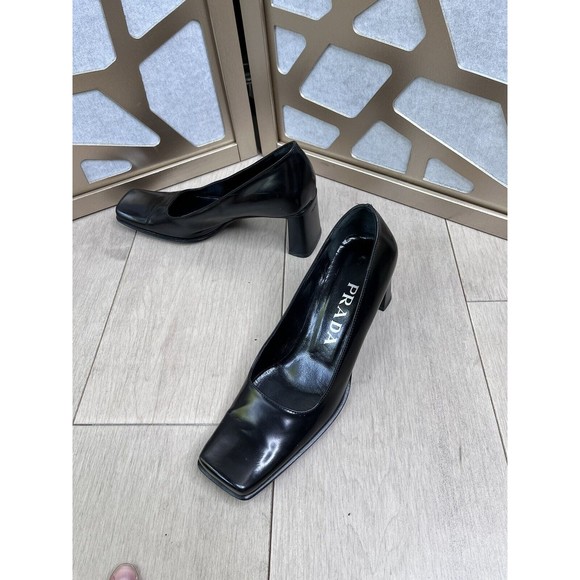 Prada Black Slip On  Pumps Heels Square Toe 35.5 Us 5 5.5  Black Leather